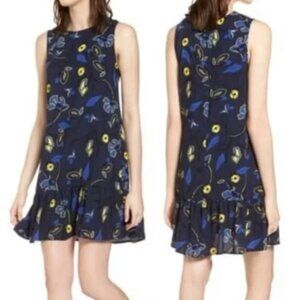 HALOGEN NORDSTROM Ruffle Hem Shift Dress Navy Blue Yellow Floral Sleeveless Work